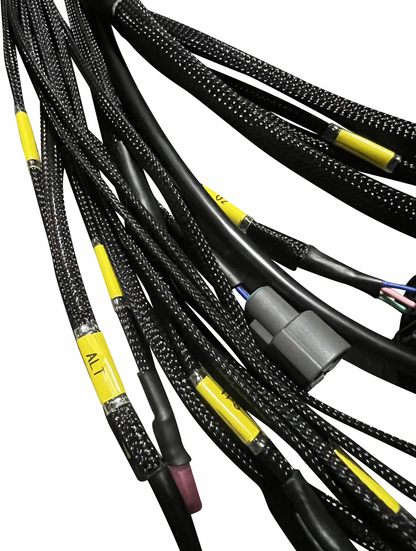 JackSpania Racing B D H F Series Tucked Engine Sub Chassis Harness for OBD1 engine, shown with wiring and connectors.