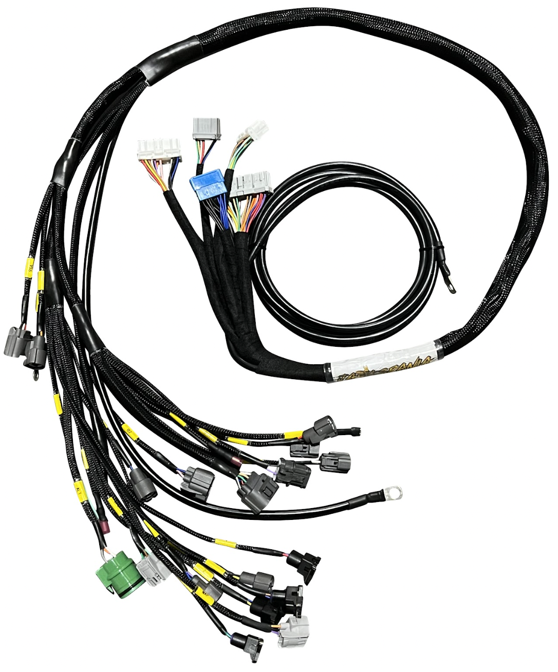 JackSpania Racing B D H F Series Tucked Engine Sub Chassis Harness for OBD1 engine systems, shown on a technical diagram.