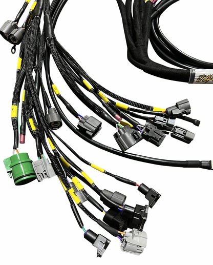 JackSpania Racing B D H F Series Tucked Engine Sub Chassis Harness for OBD1 engine systems, shown in the product image.