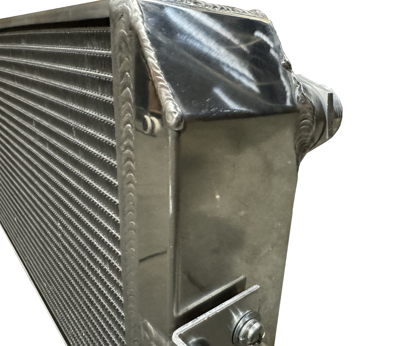 Full size tucked radiator for Honda Acura B Series and K Series engines, by Jack Spania Racing, with accompanying shroud.