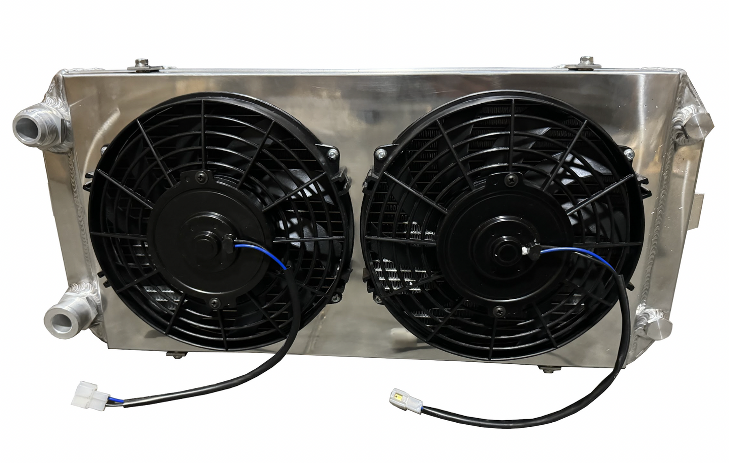 Full size XL tucked radiator for Honda Acura B and K Series engines, designed by Jack Spania Racing, with 16AN shroud for engine cooling.