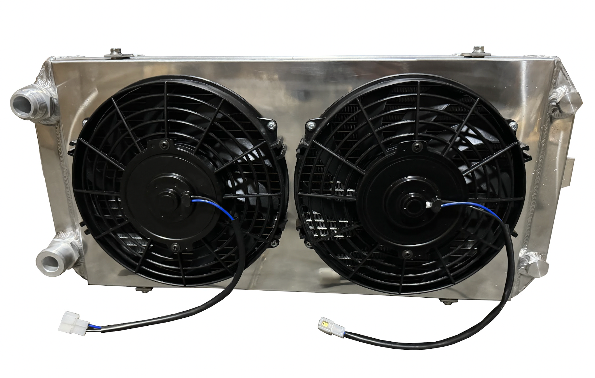 Full size XL tucked radiator for Honda Acura B and K Series engines, designed by Jack Spania Racing, with 16AN shroud for engine cooling.