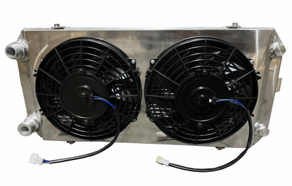 Full size XL tucked radiator for Honda Acura B and K Series engines, designed by Jack Spania Racing, with 16AN shroud for engine cooling.