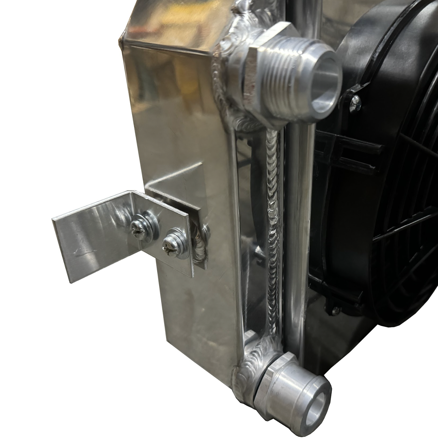 Full size tucked radiator for Honda Acura B and K series engines, by Jack Spania Racing, with 16AN shroud and engine cooling components.