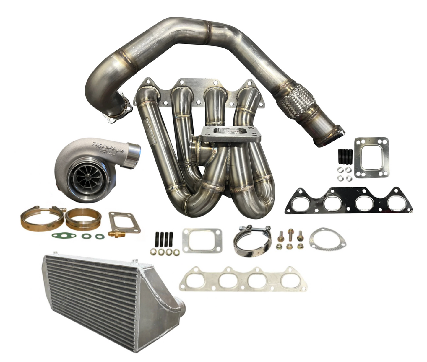 Jack Spania Racing B Series T3 T4 top mount turbo manifold with intercooler for GSR B16 B18 B20, fitment for EG, EK Civic, and DC2 Integra