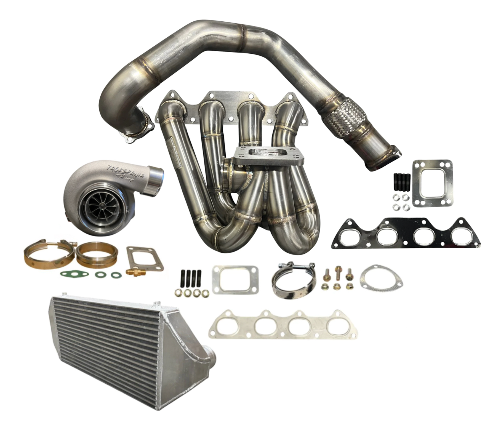 Jack Spania Racing B Series T3 T4 top mount turbo manifold with intercooler for GSR B16 B18 B20, fitment for EG, EK Civic, and DC2 Integra
