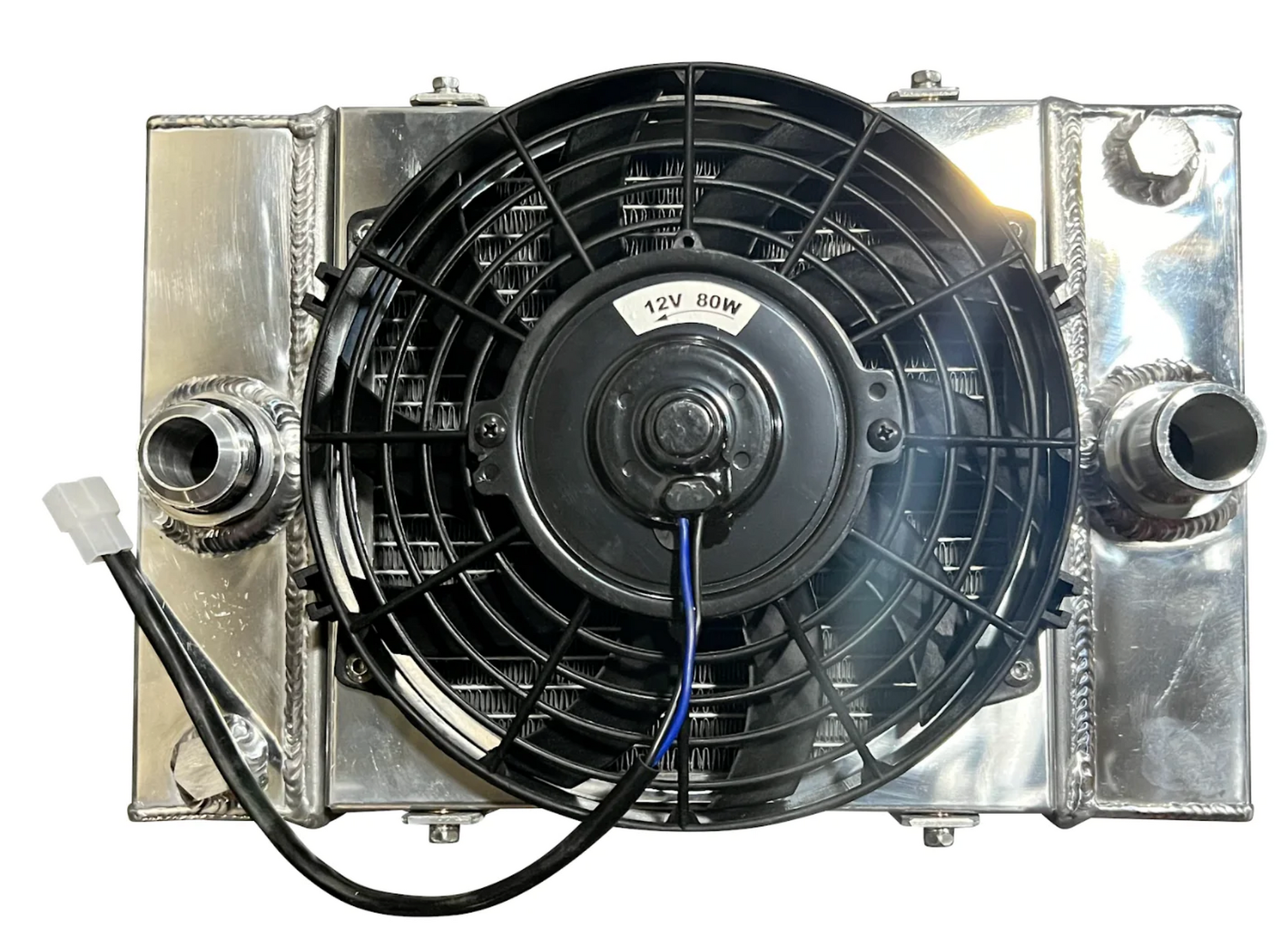 JackSpania Racing half-size compact drag radiator with 1.25" 16AN fittings and 4-row core for engine cooling, shown in the image.