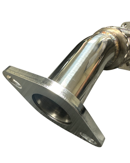 JackSpania Racing Subaru WRX STI and Legacy up pipe exhaust part, showcasing the metallic component with detailed fittings.