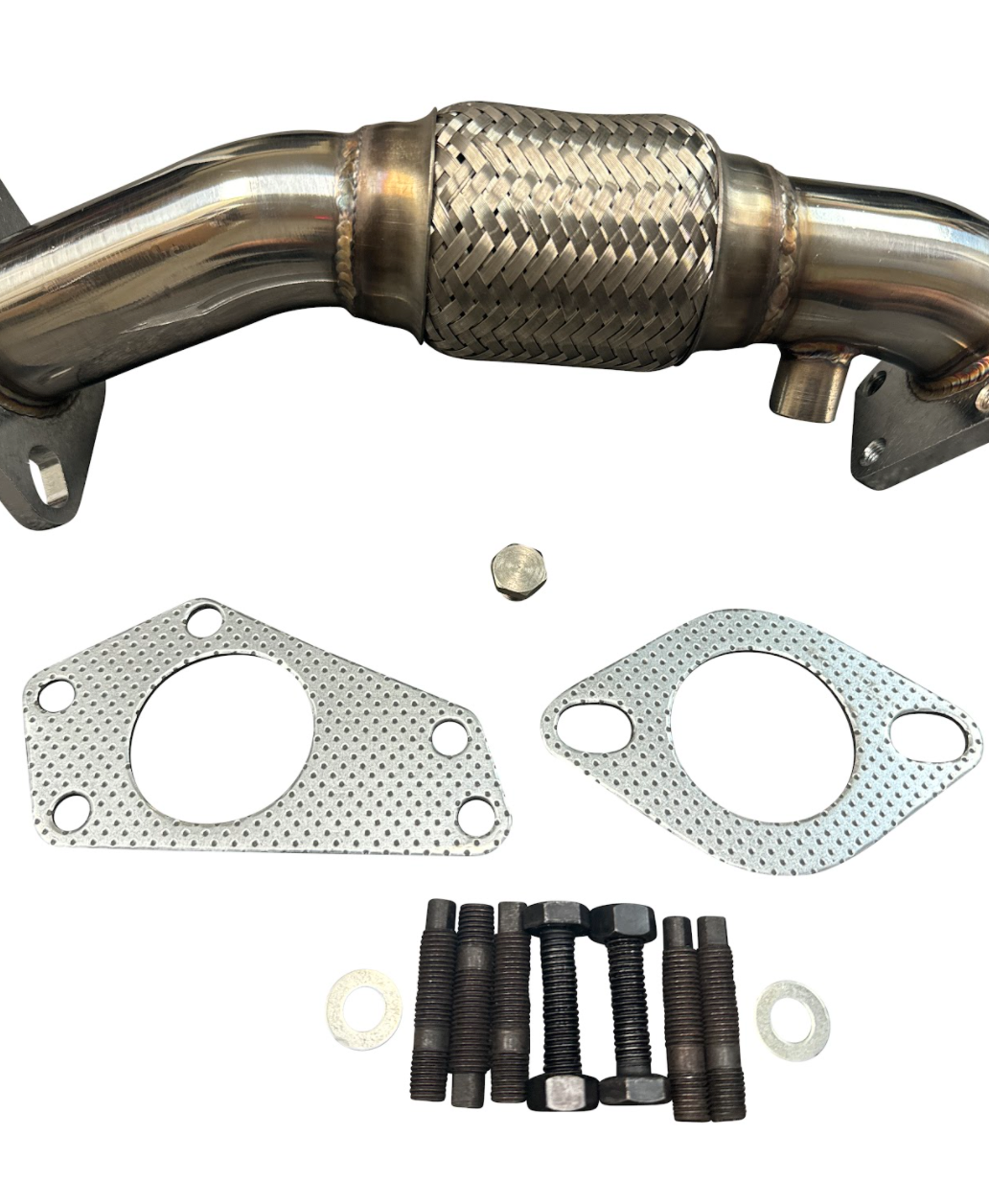JackSpania Racing Subaru Up Pipe for WRX STI, LGT, OBXT, FXT, and Legacy EJ models, showing the exhaust component with detailed fittings.
