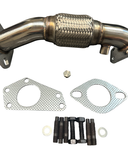 JackSpania Racing Subaru Up Pipe for WRX STI, LGT, OBXT, FXT, and Legacy EJ models, showing the exhaust component with detailed fittings.