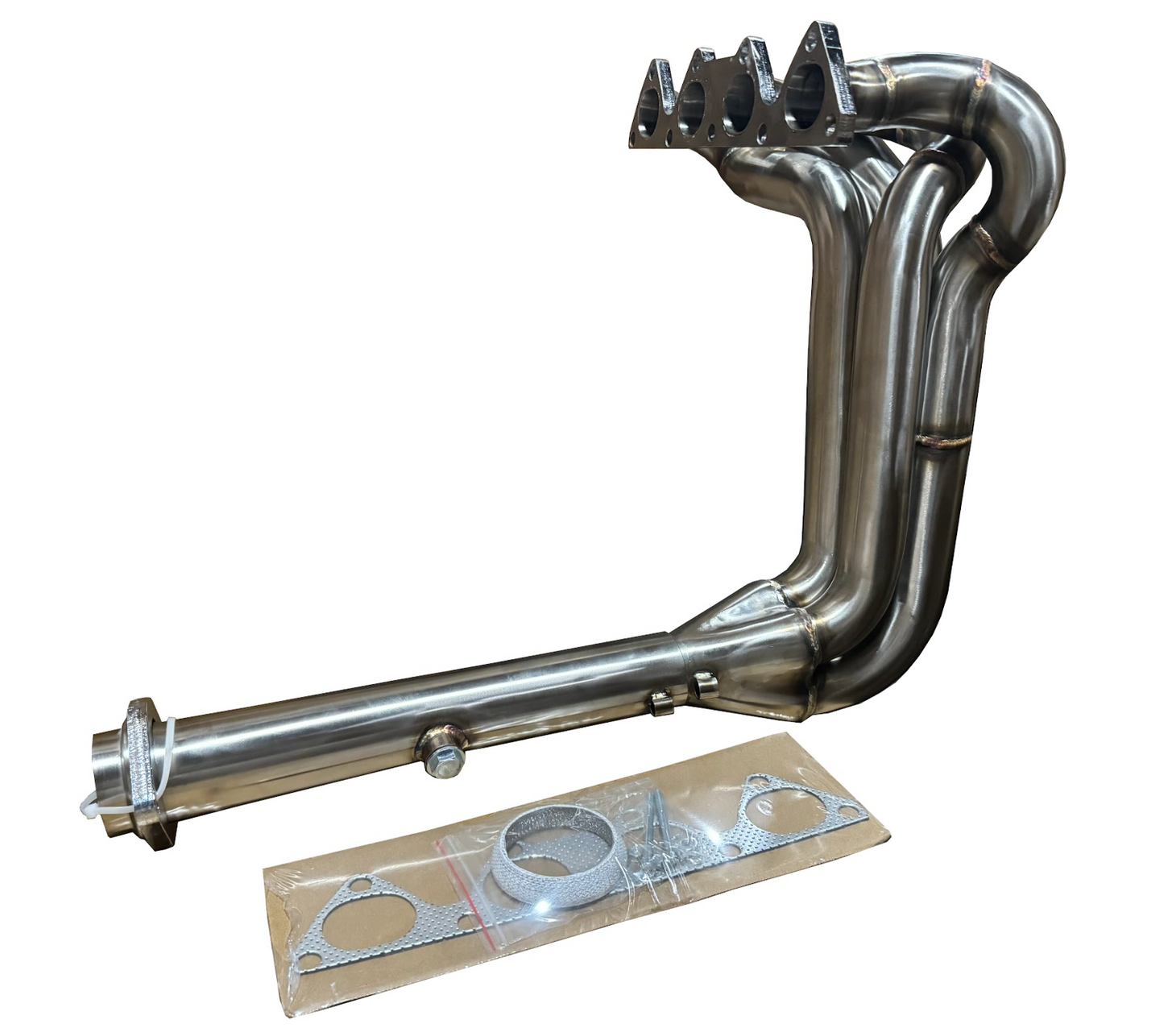 JackSpania Racing B Series 4-1 narrow exhaust header for B16, B18, B20 engines, showcasing polished stainless steel construction.