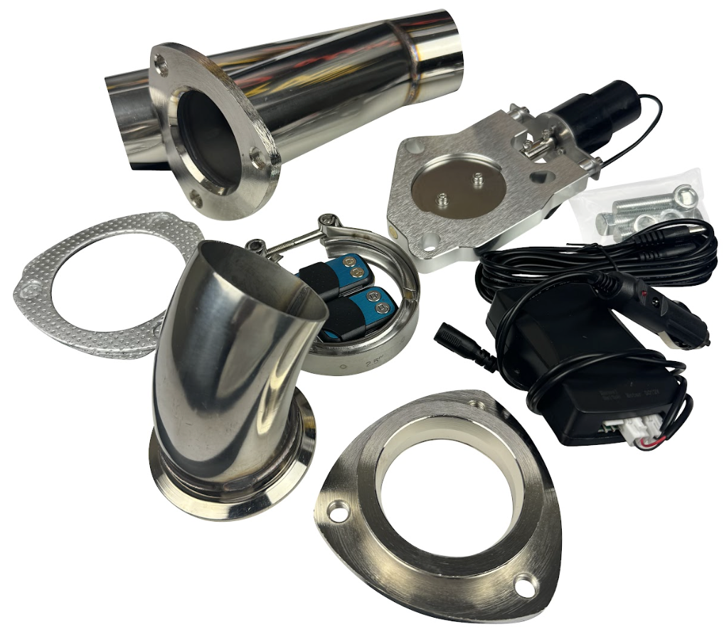 JackSpania Racing electric exhaust catback downpipe cutout system with remote control, 63mm and 76mm valve kit for performance vehicles.