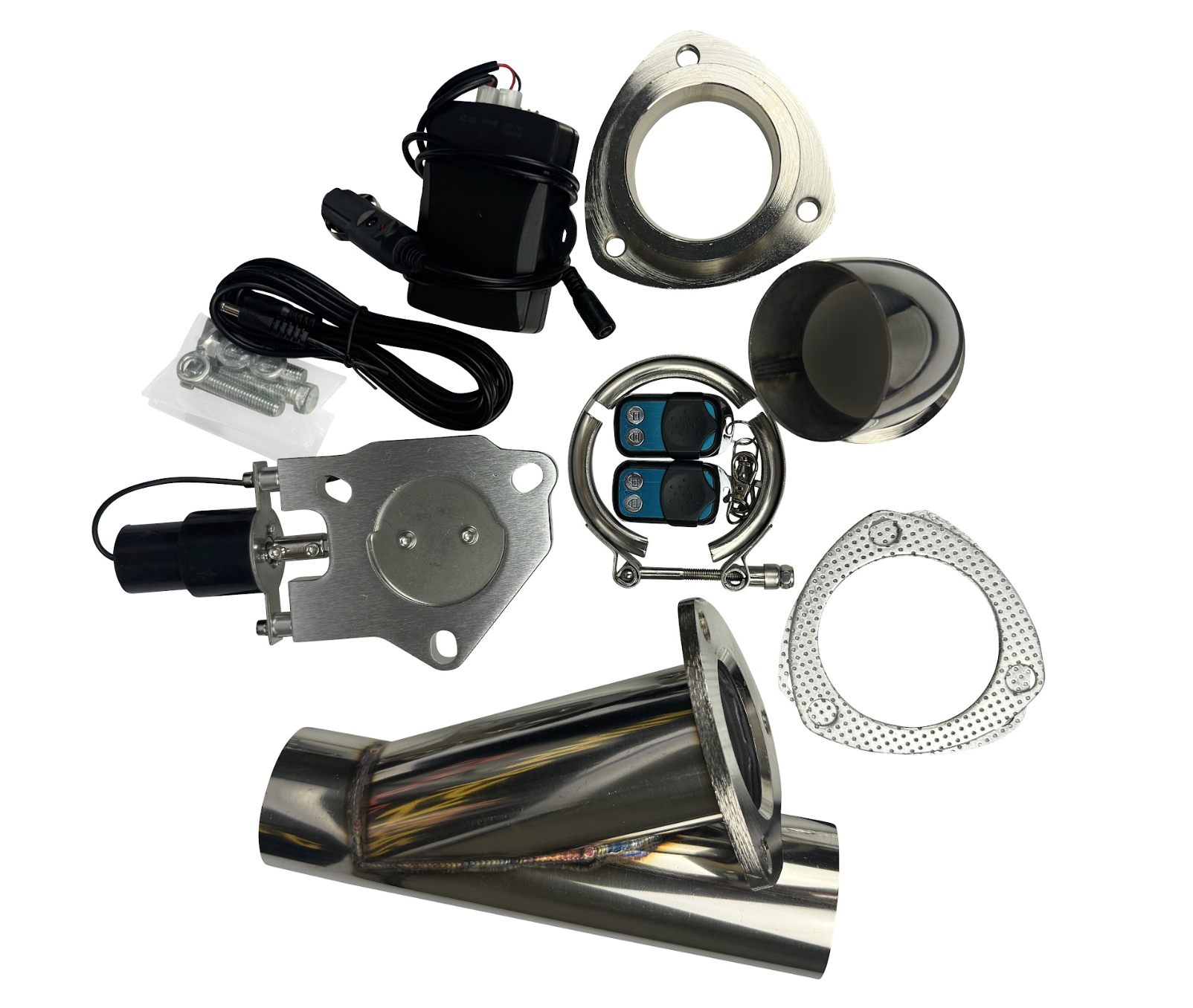 JackSpania Racing electric exhaust cutout valve system with 63mm and 76mm pipes, remote control, for car exhaust modification.