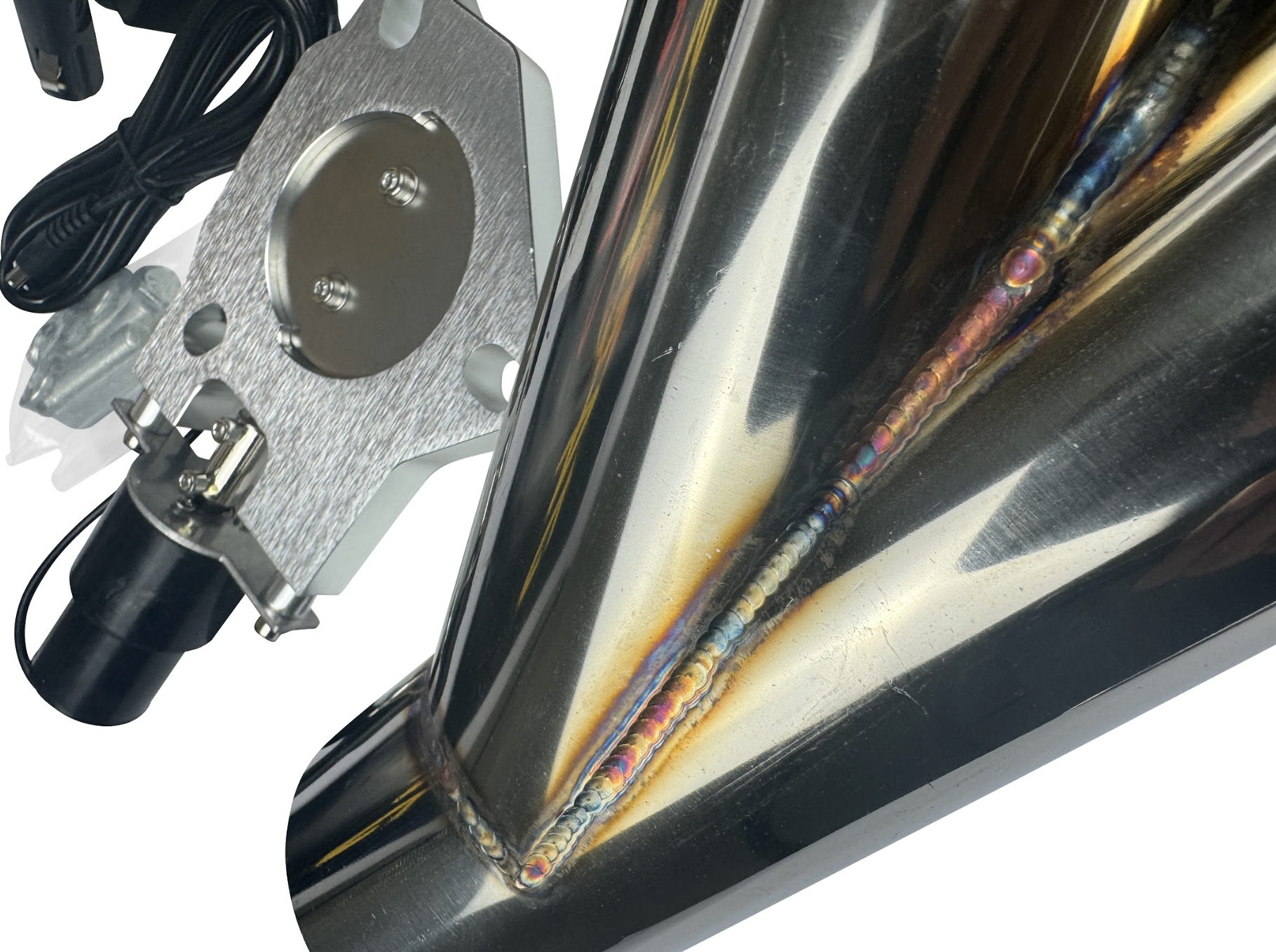 JackSpania Racing electric exhaust catback downpipe cutout with remote valve system, 63mm and 76mm diameter for performance vehicles.