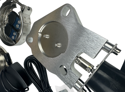 JackSpania Racing electric exhaust catback downpipe cutout system with remote control, 63mm and 76mm valves, for high-performance vehicles.