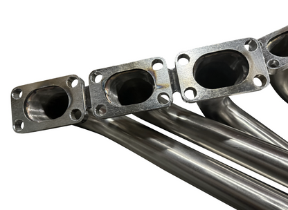 BMW E39 E46 Z3 headers for M54 engine by JackSpania Racing, showing exhaust manifold components for 325i, 330i, and 525i models.