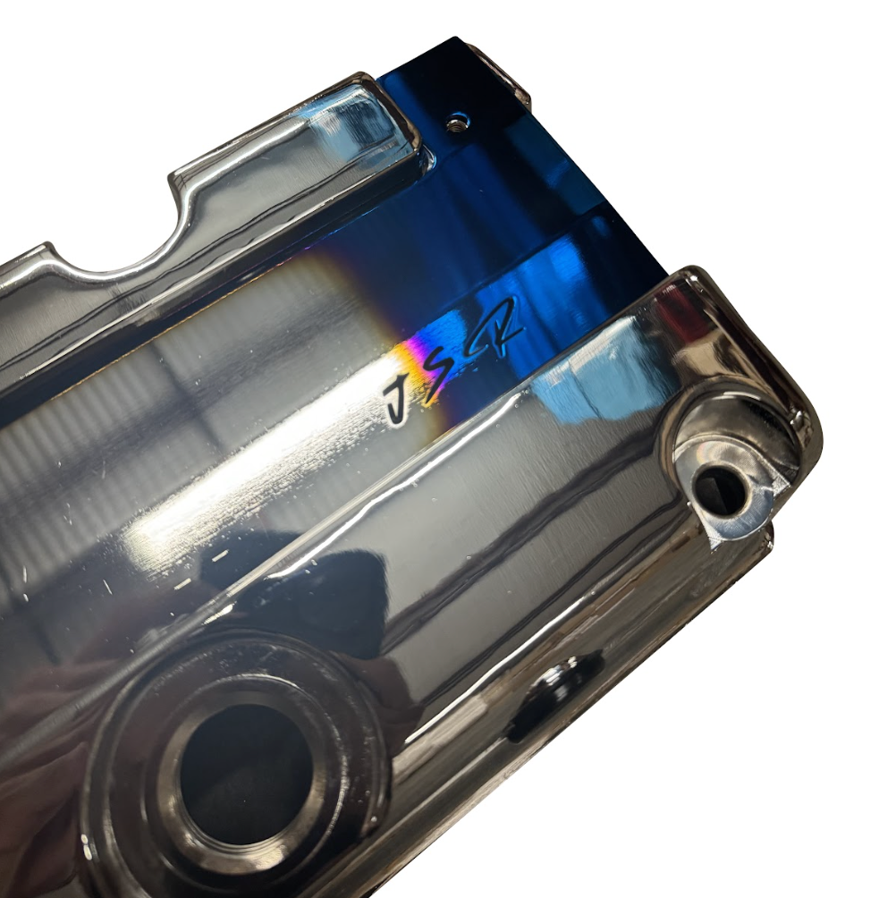 Cast aluminum K Series vented valve cover baffle for Honda Acura K20 K24 engines by Jack Spania Racing, with AN10 fitting.