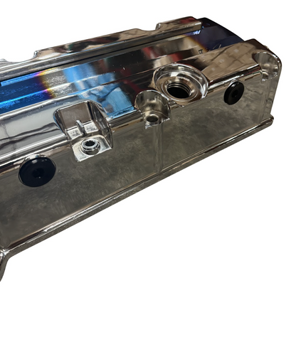 Cast aluminum K Series vented valve cover baffle for Honda Acura K20 K24 engines, by Jack Spania Racing, with AN10 fitting.