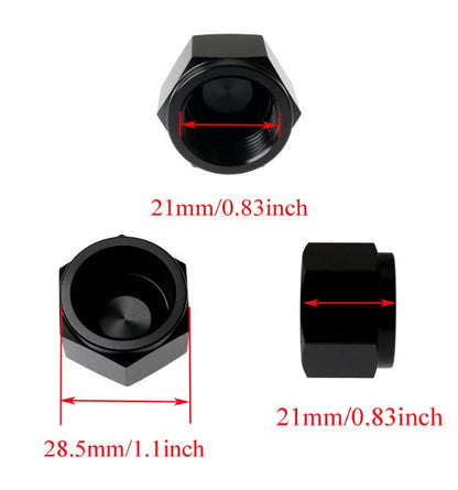 Black aluminum 10AN flare cap block for coolant, air, fuel, and oil lines, designed by JackSpania Racing for engine applications.