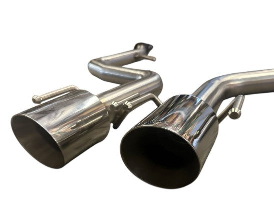 Steel dual tip axle back exhaust muffler for Lexus IS300, IS350, IS200T 2017-2020, by JackSpania Racing, showing the polished tips and piping.
