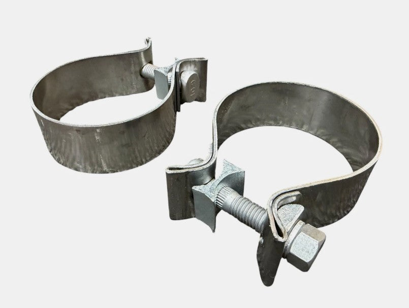 JackSpania Racing stainless steel exhaust pipe clamp, adjustable and durable, suitable for 1.5", 2.5", and 2.75" exhaust pipes.
