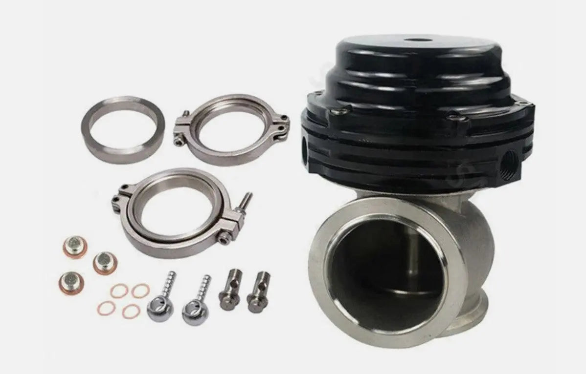38mm external wastegate with V-band flange for turbochargers, designed for engine performance by Jack Spania Racing.
