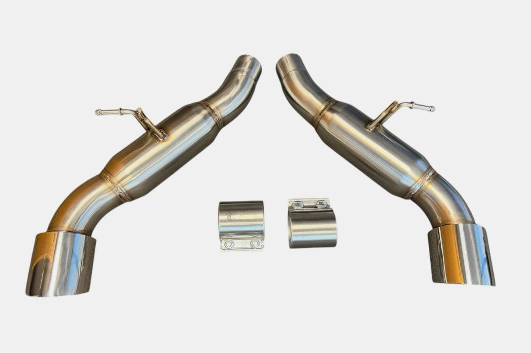 Stainless steel axle-back exhaust for Toyota Supra GR A90 by JackSpania Racing, featuring muffler pipe and polished 304 SS finish.