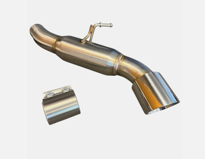 Stainless steel axle back exhaust for Toyota Supra GR A90 by JackSpania Racing, showing the muffler pipe and polished finish.