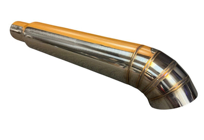 Stainless steel blastpipe exhaust part with single tip, 3-inch to 4-inch turn down pie cut, from JackSpania Racing.