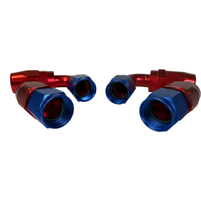 Jack Spania Racing AN10 10AN swivel hose end fittings in red and blue for engine fuel lines, 0° and 90° angles.