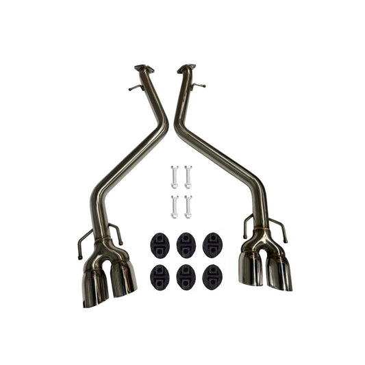 Quad tip axle back delete exhaust muffler for Lexus IS300, IS350, RC200t, RC300, RC350 by JackSpania Racing, showing polished chrome tips.