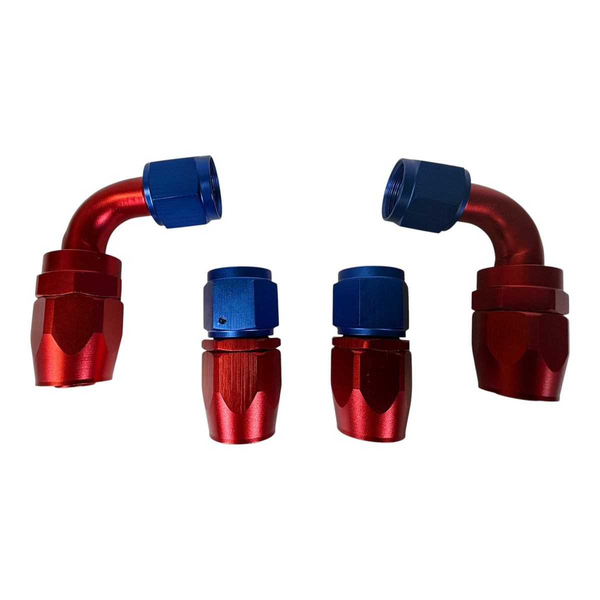 Jack Spania Racing AN10 10AN swivel hose end fittings in red and blue, 0° and 90° engine parts for high-performance hoses.