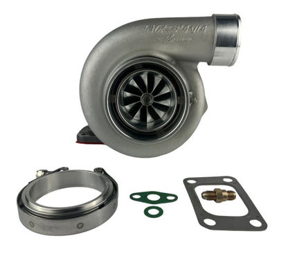 Jack Spania Racing GT35 GTX3582 billet wheel turbo with T4 V-band turbine housing, .82 AR, anti-surge design for engine performance.