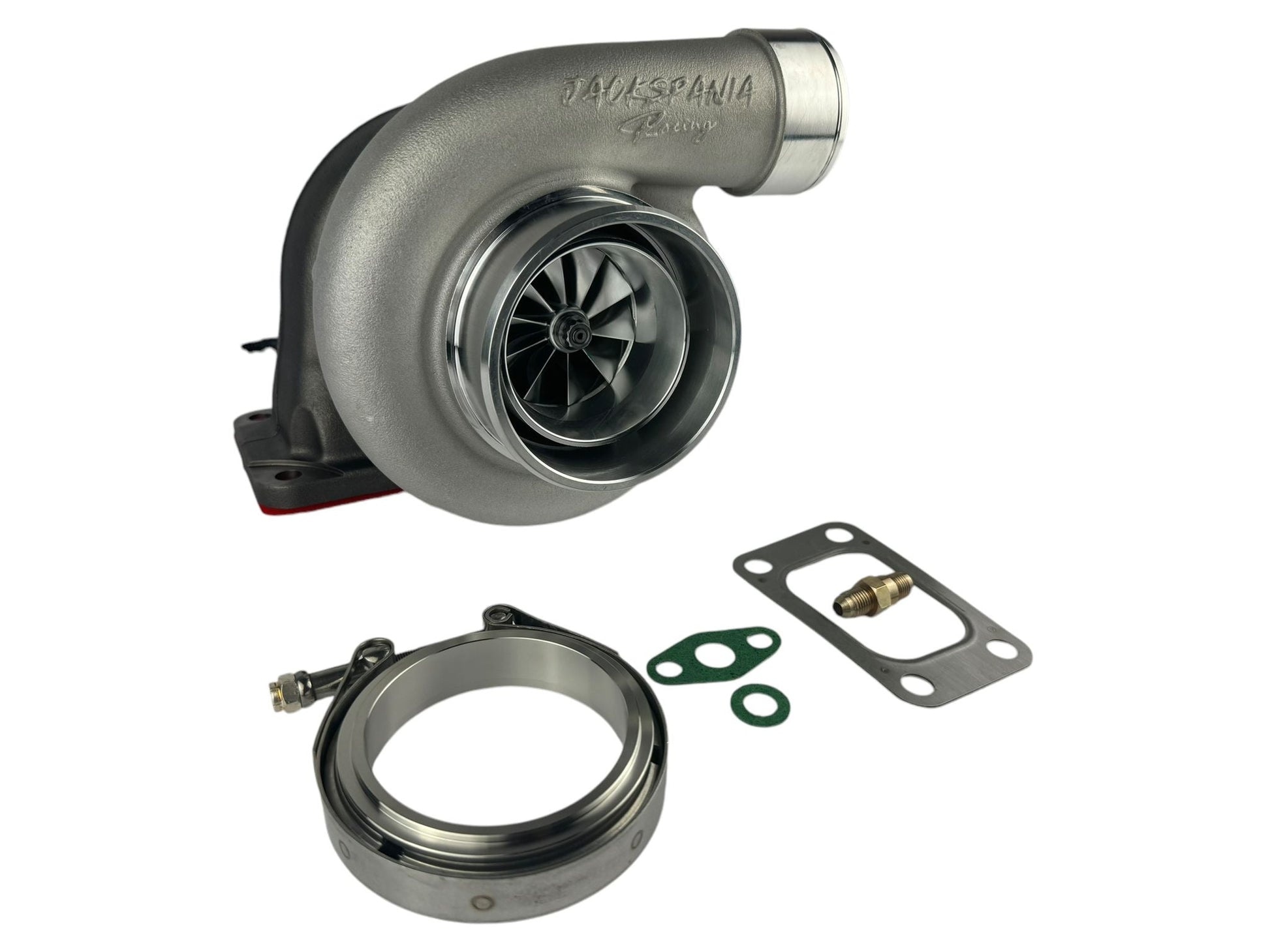Jack Spania Racing GT35 GTX3582 billet wheel turbo with T4 V-band turbine housing and anti-surge design, engine parts for high performance.