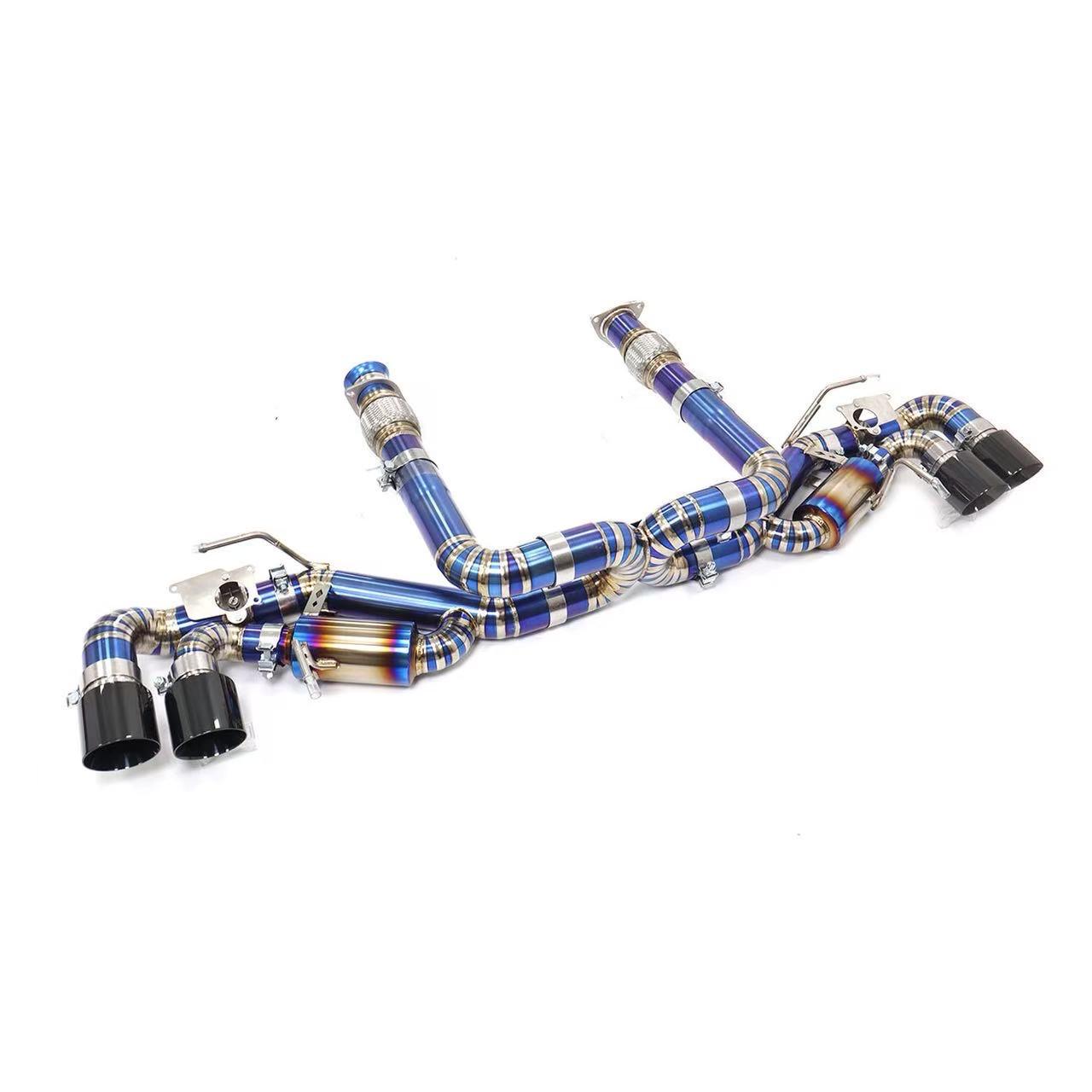 Titanium exhaust for Chevrolet Corvette C8 2020+ with carbon fiber tips, JackSpania Racing 6.2L V8 muffler pipe and catback system.