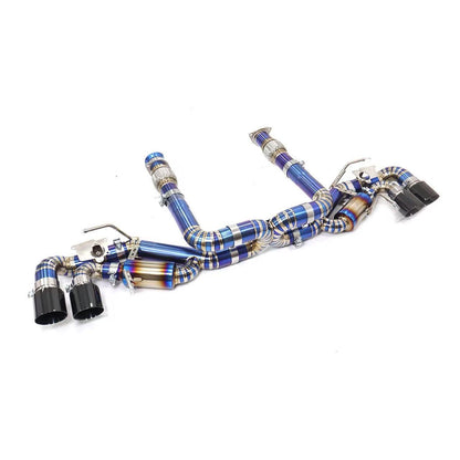 Titanium exhaust for Chevrolet Corvette C8 2020+ with carbon fiber tips, JackSpania Racing 6.2L V8 muffler pipe and catback system.