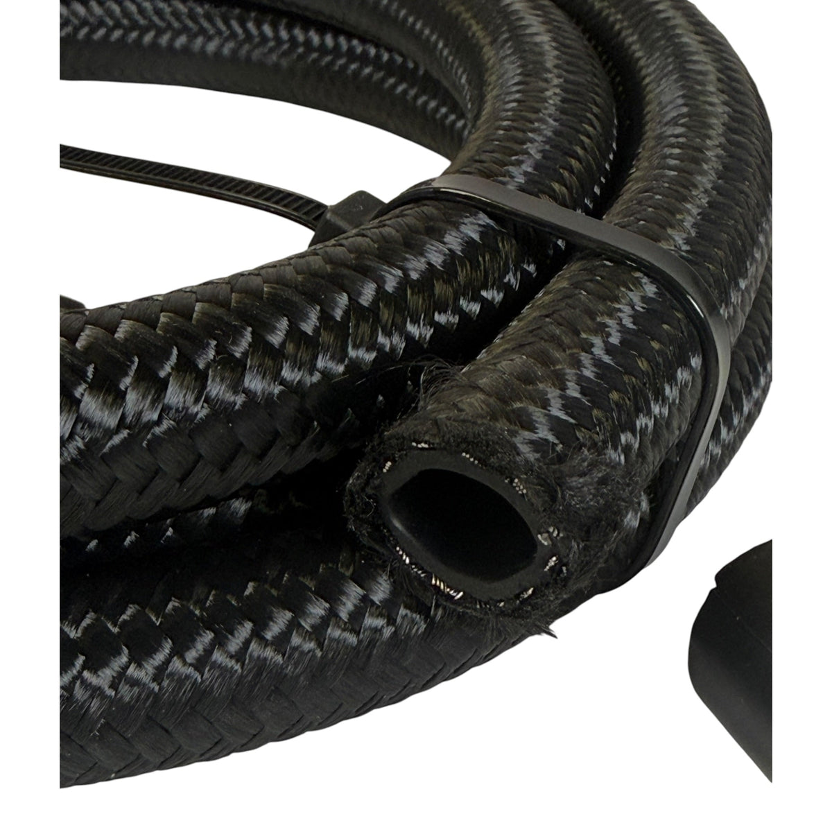 Black braided nylon fuel hose, 8AN 5/8 inch, 6-foot length, designed for engine fuel systems by JackSpania Racing.