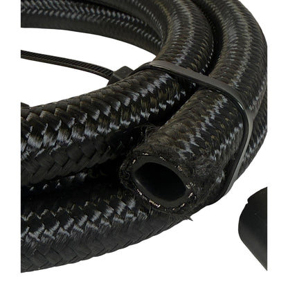 Black braided nylon fuel hose, 8AN 5/8 inch, 6-foot length, designed for engine fuel systems by JackSpania Racing.