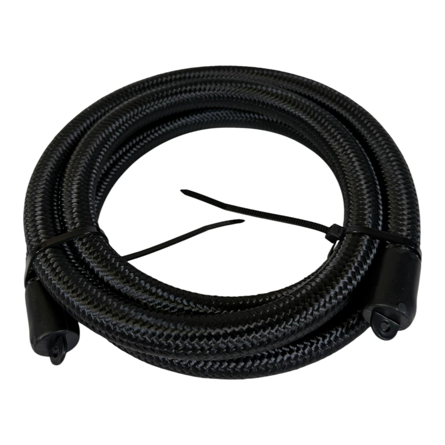 Black 8AN 5/8 inch braided nylon fuel hose by JackSpania Racing, 6-foot length, designed for engine fuel systems.