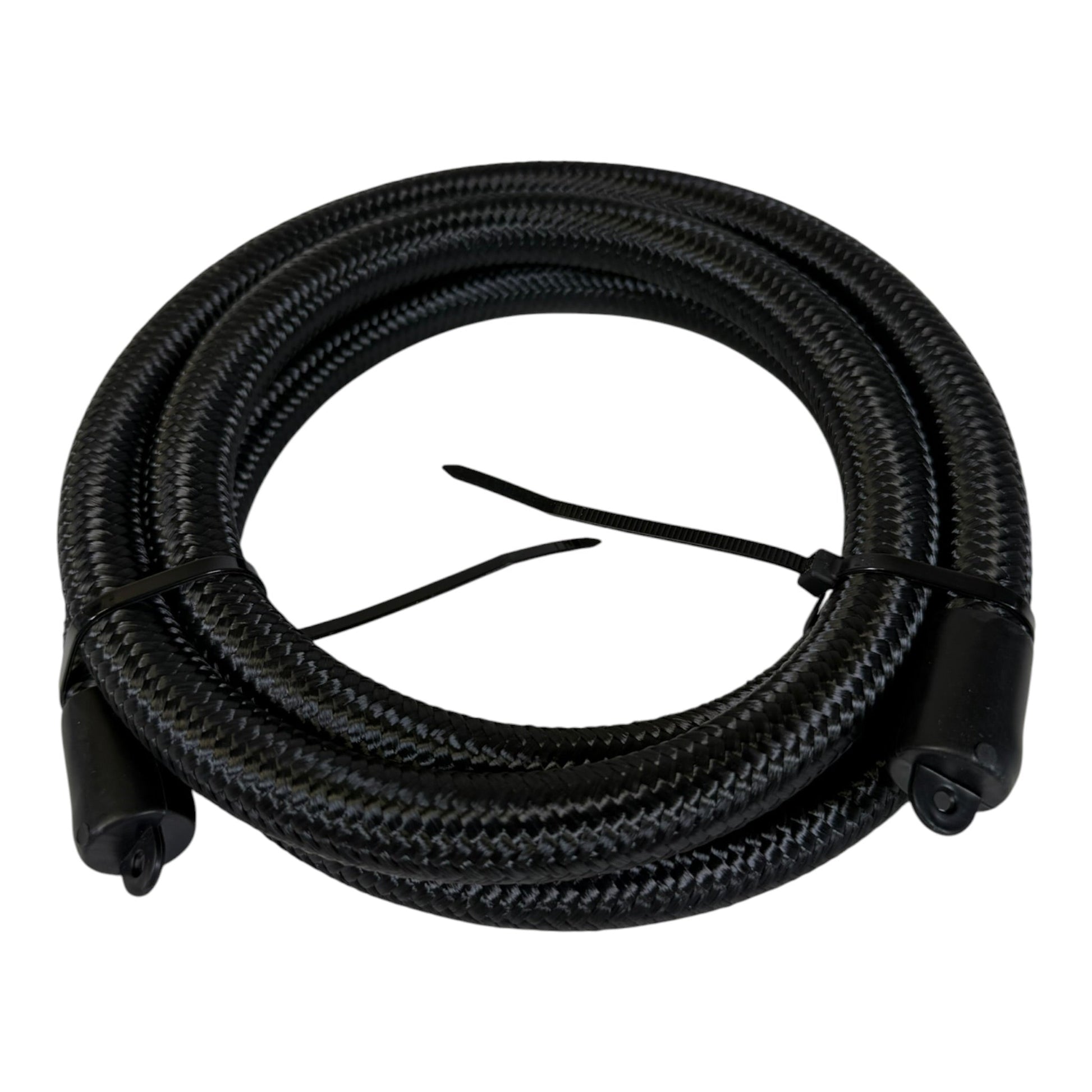 Black 8AN 5/8 inch braided nylon fuel hose by JackSpania Racing, 6-foot length, designed for engine fuel systems.