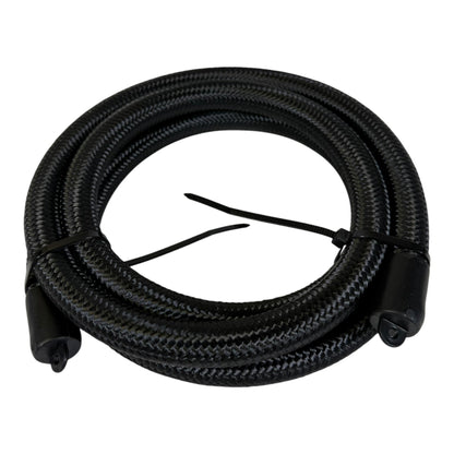 Black 8AN 5/8 inch braided nylon fuel hose by JackSpania Racing, 6-foot length, designed for engine fuel systems.