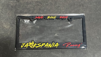JackSpania Racing license plate cover with bold black and white design, featuring racing logo and sleek finish for vehicle decoration.