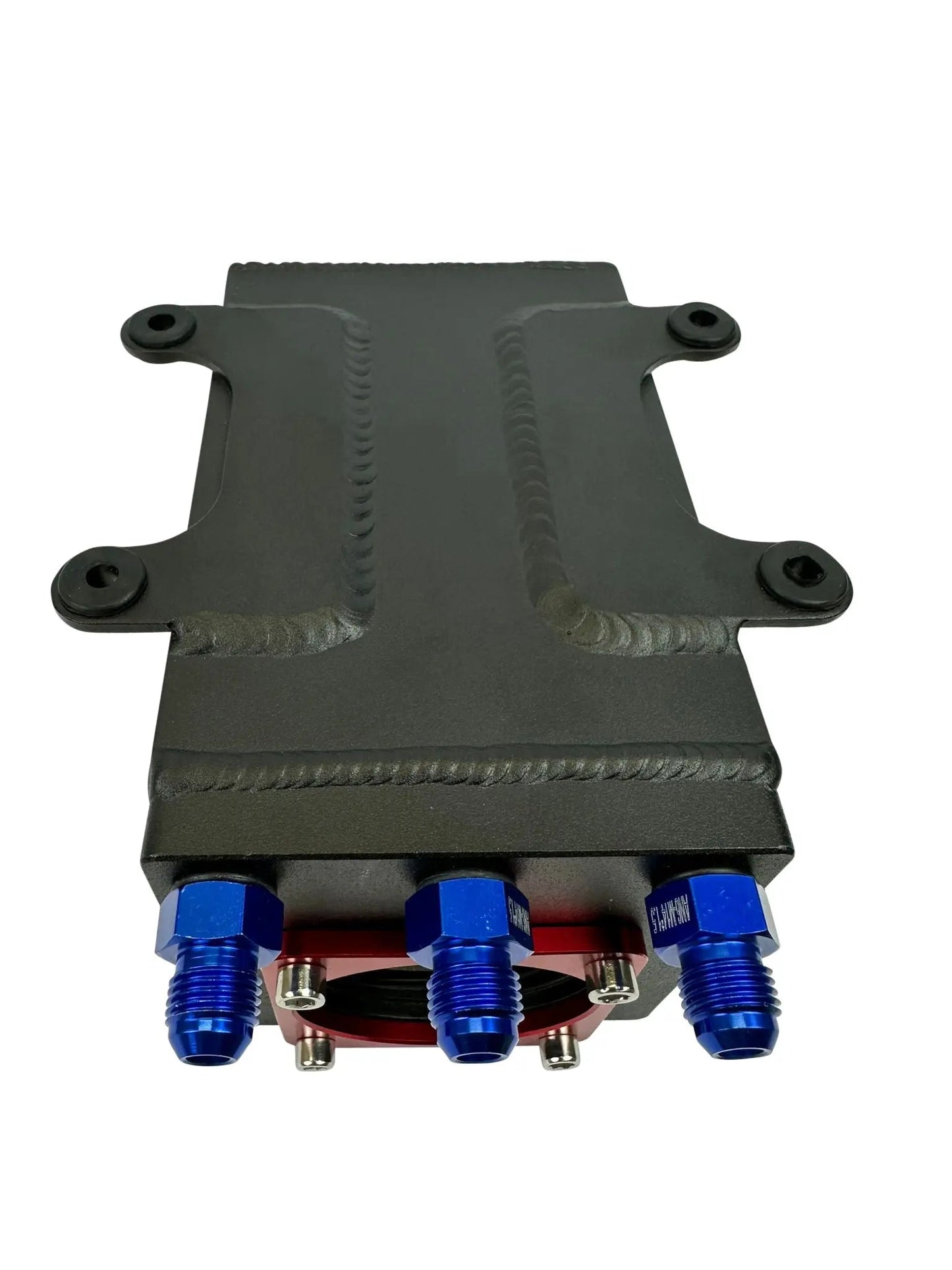 Billet aluminum Bosch 044 1L high-flow external fuel pump surge tank with 6AN fittings, designed for performance engine applications.