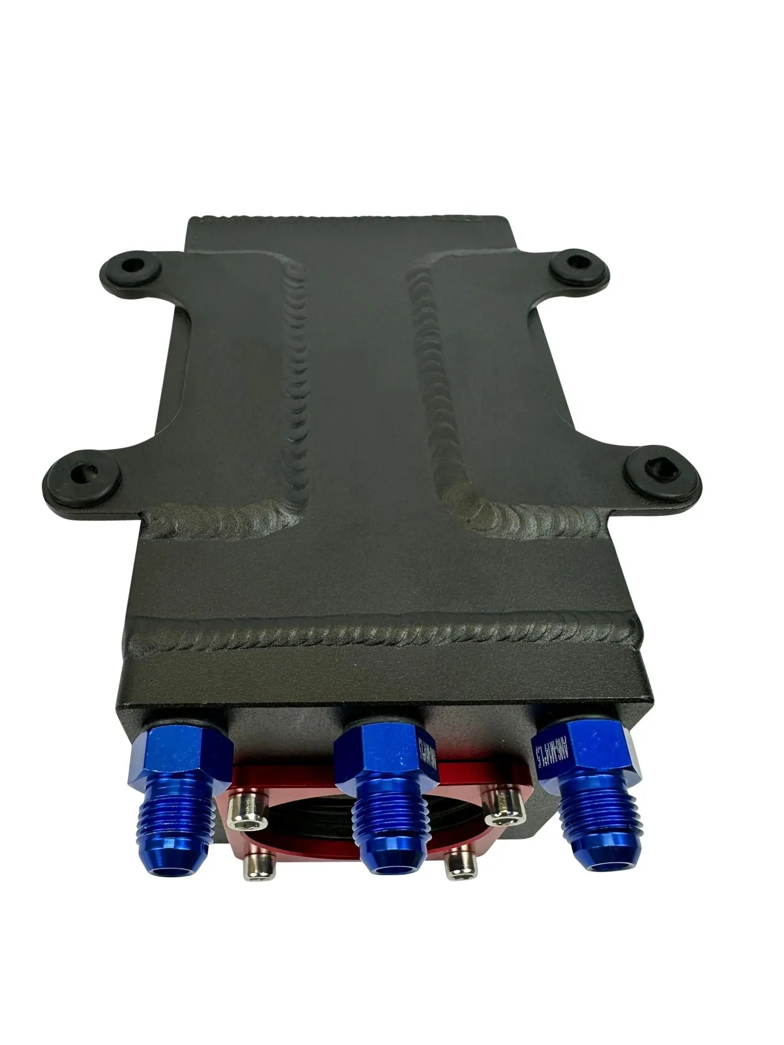 Billet aluminum Bosch 044 1L high-flow external fuel pump surge tank with 6AN fittings, designed for performance engine applications.