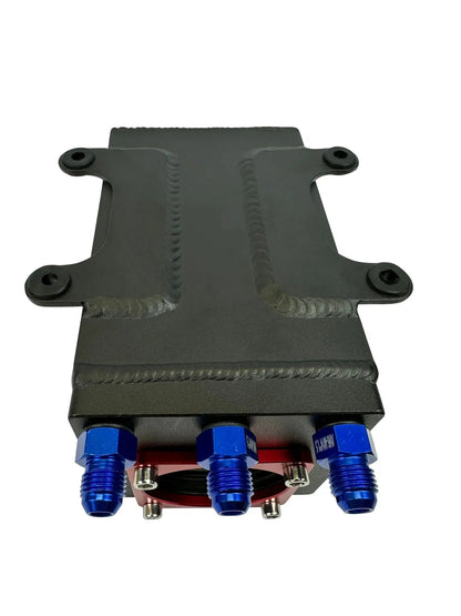 Billet aluminum Bosch 044 1L high-flow external fuel pump surge tank with 6AN fittings, designed for performance engine applications.