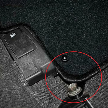 Driver side carpeted floor mat retention bracket for Subaru WRX and STi, designed by JackSpania Racing, interior car accessory.