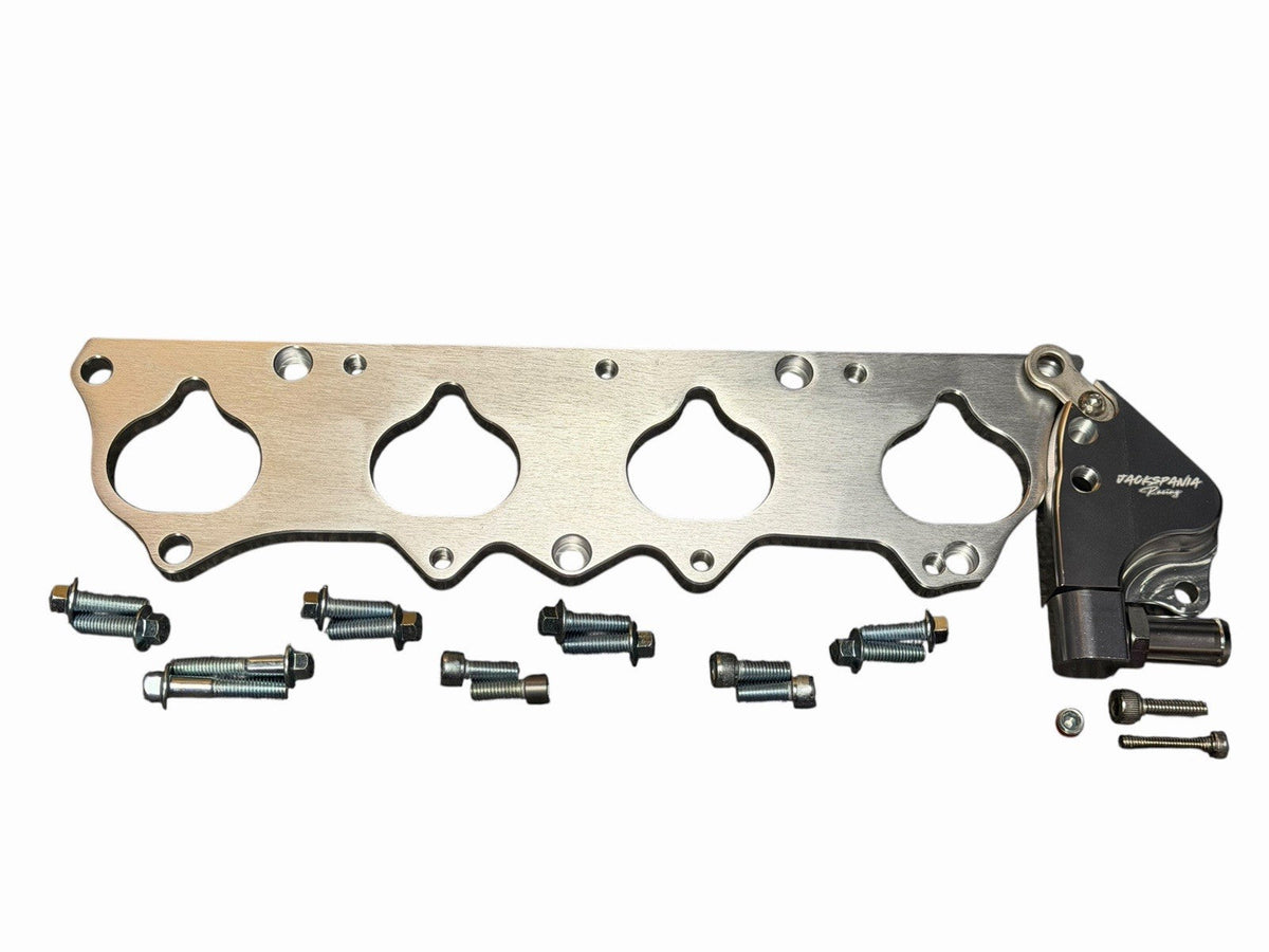 JackSpania Racing K24 intake manifold adapter kit for S2000 F20C F22C engines, showing the metal adapter components.