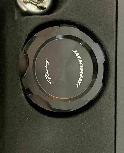 Jack Spania Racing BDFHJ Series valve cover oil cap for engine parts, featuring a sleek metal finish and detailed branding.