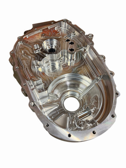 JackSpania Racing B K Series FWD billet CNC front bellhousing transmission case, showing detailed machined metal components.