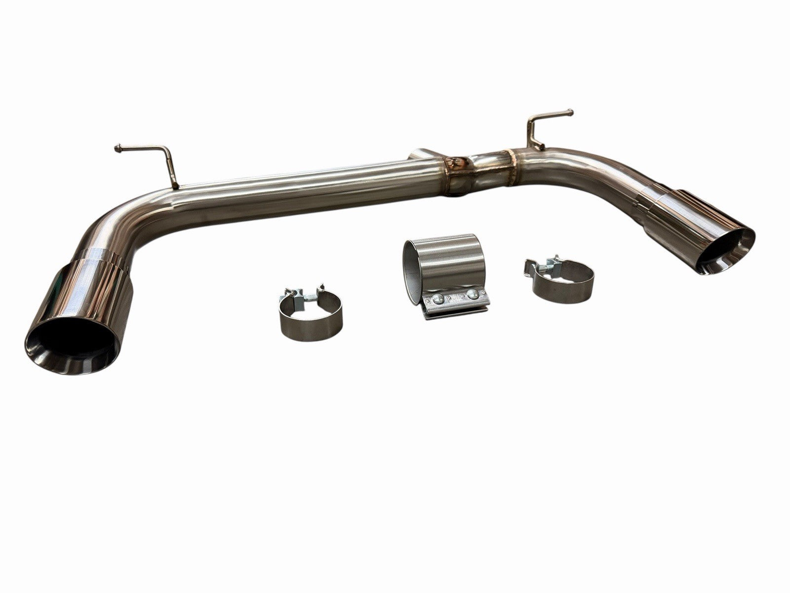 Polished axle back muffler exhaust for BMW F30 F32 335i 435i from JackSpania Racing, showing the shiny metal finish and pipe details.
